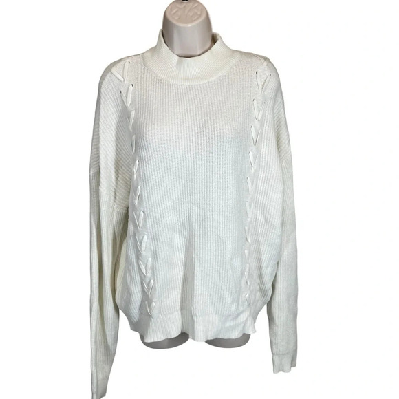 Tahari mock neck knit sweater lace up women’s large soft casual minimalist - Picture 1 of 6